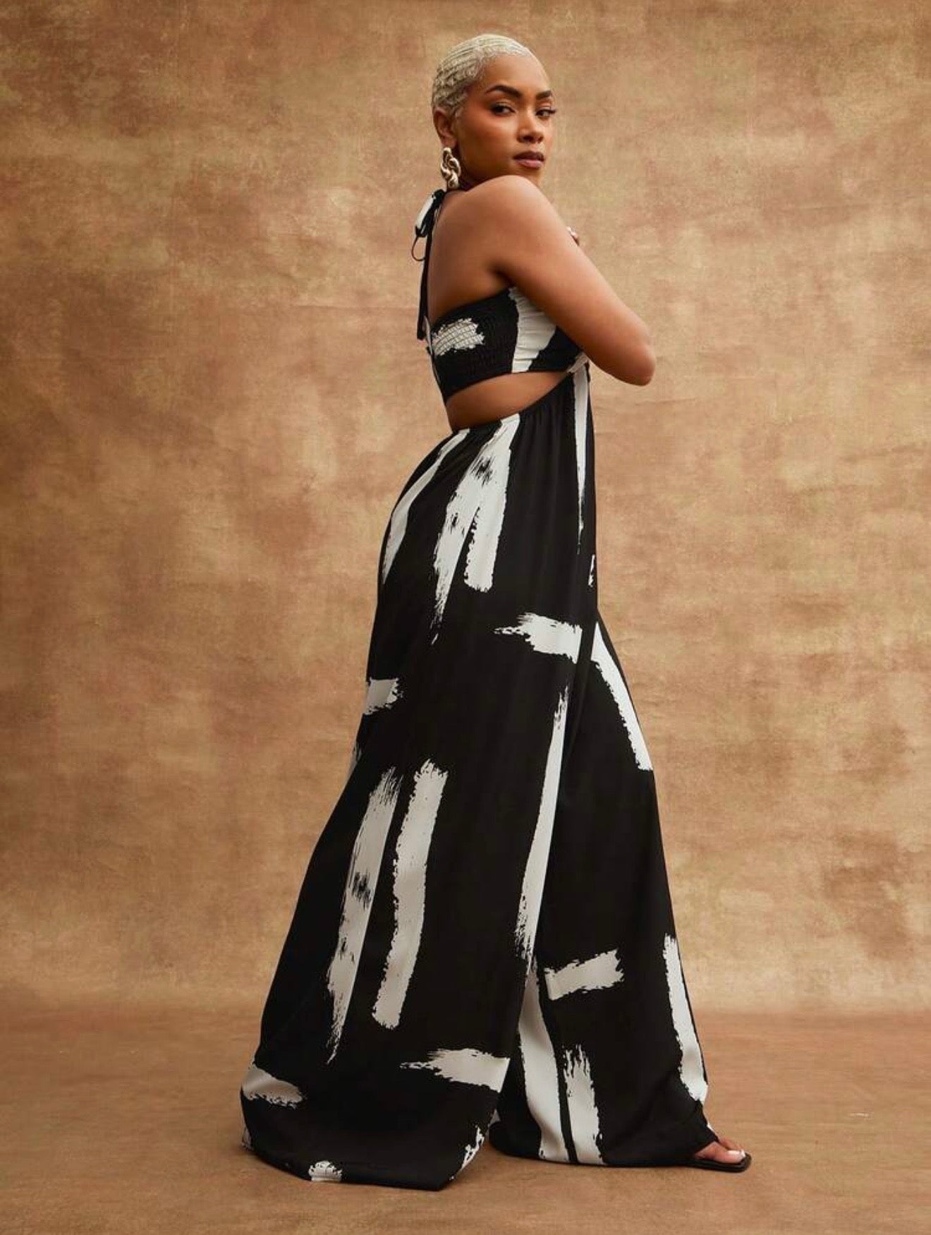 B/O Printed Wide Leg Halter Jumpsuit
