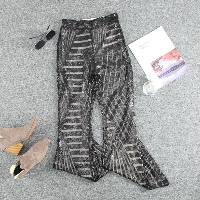 Sparkling High Waist Flared Pants Slimming Wide Leg Trousers