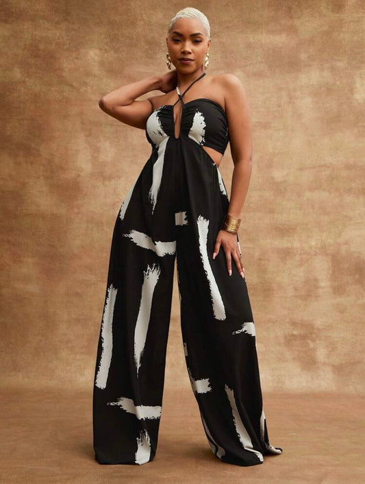 B/O Printed Wide Leg Halter Jumpsuit