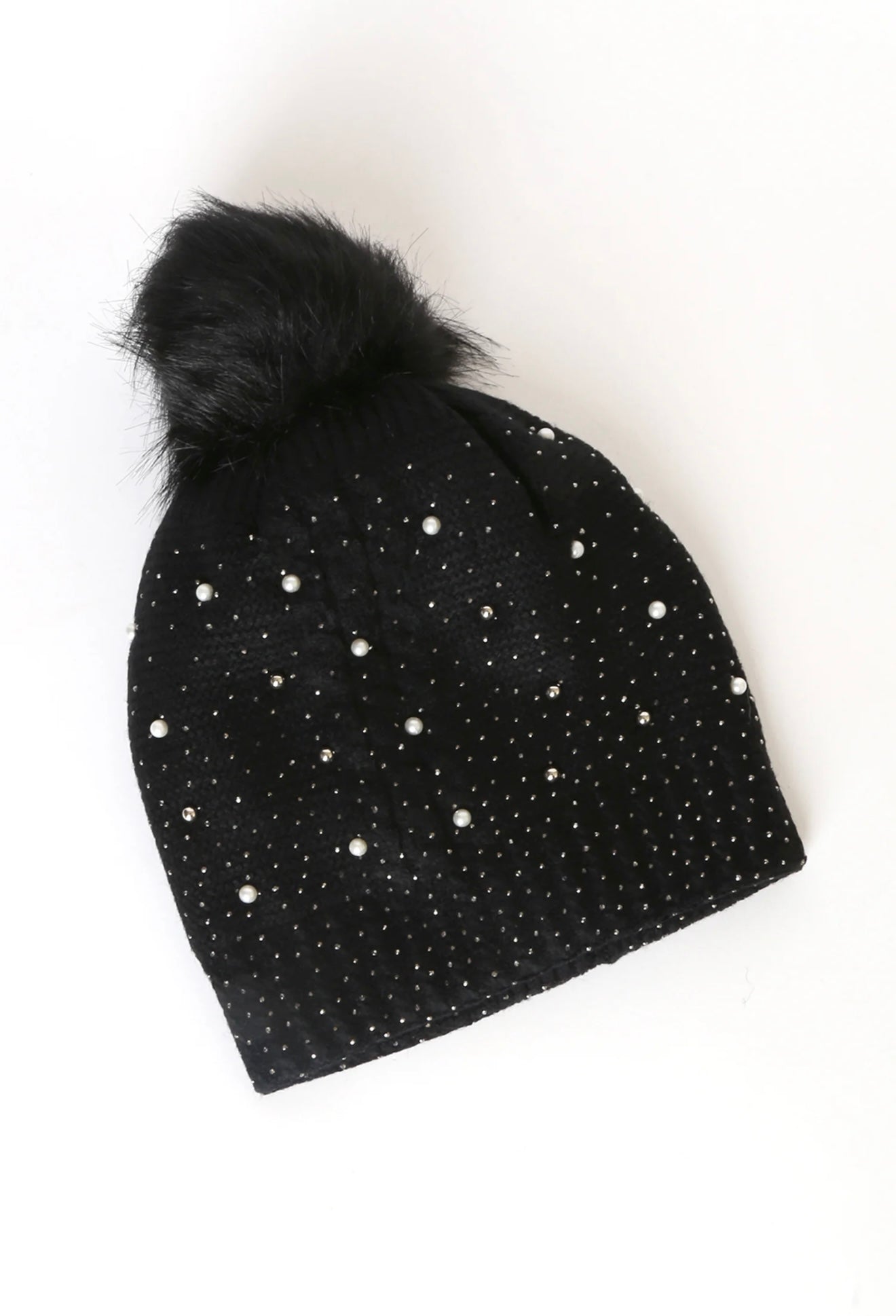 Pearl & Rhinestone Pom Pom Beanie