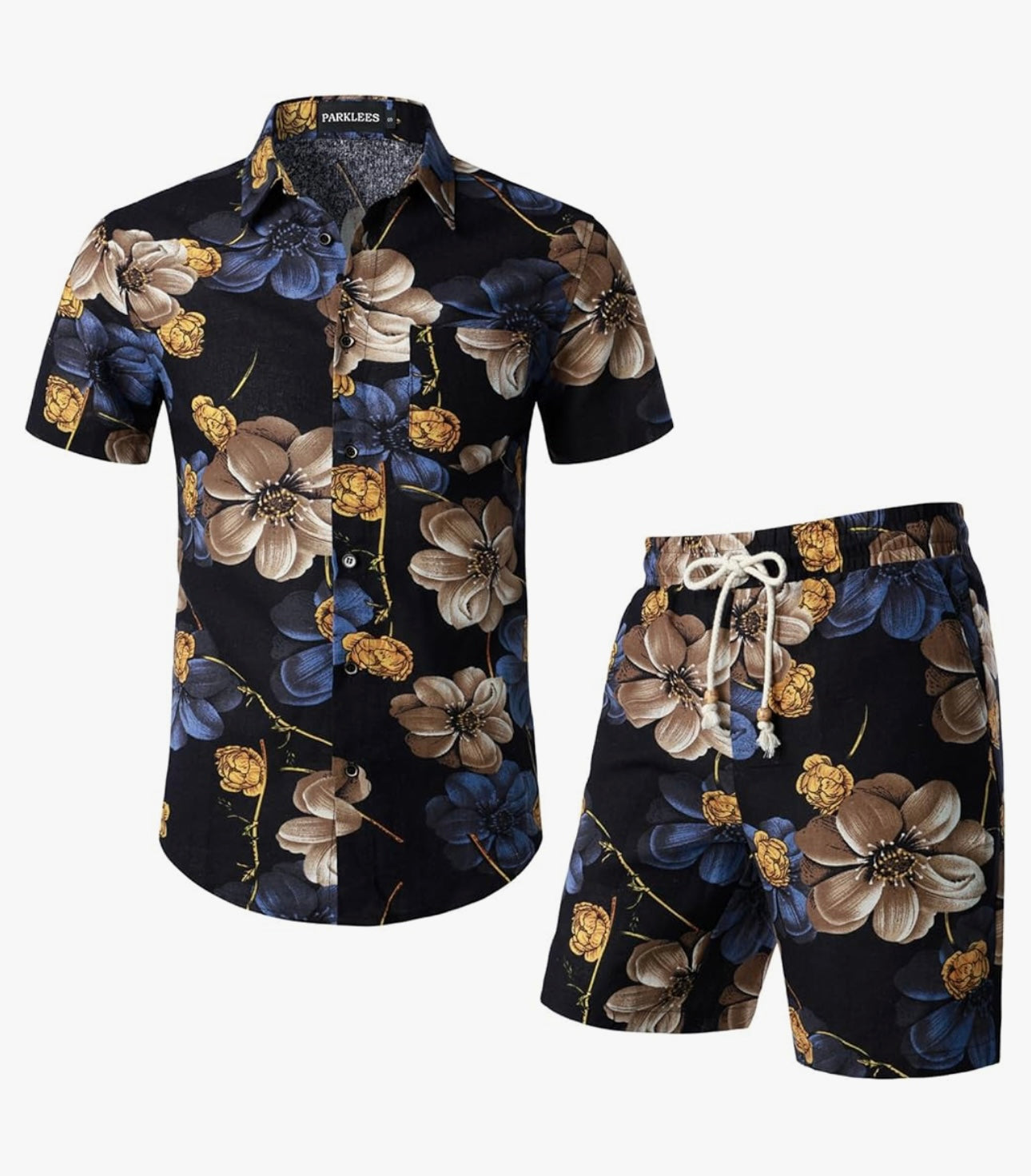 Men's Summer Casual Cotton Linen Printed Vacation 2 Piece Set Outfit with Pockets