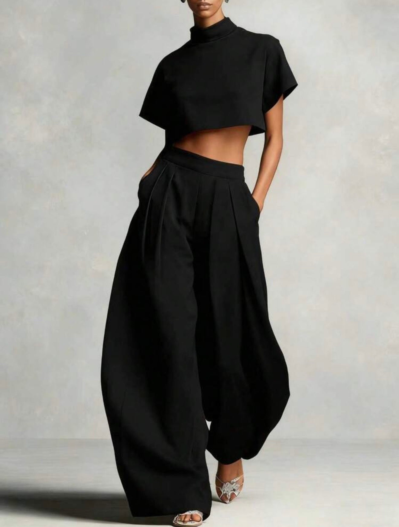 High Neck Crop Top & Wide Leg Pants Set