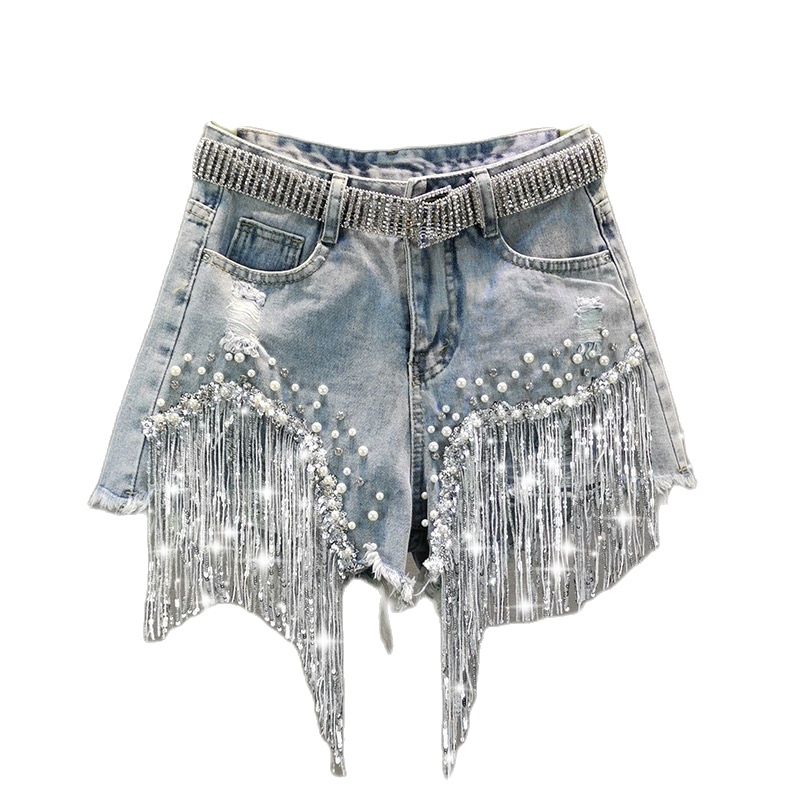 Shorts Tassel Beading High Waist Wide Leg Denim Shorts