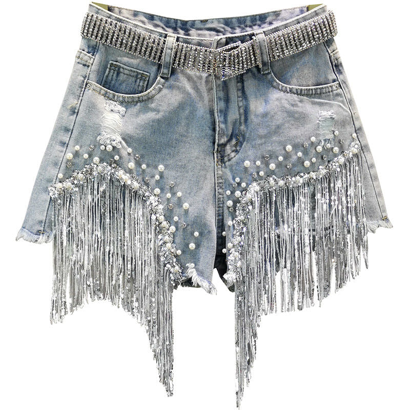 Shorts Tassel Beading High Waist Wide Leg Denim Shorts