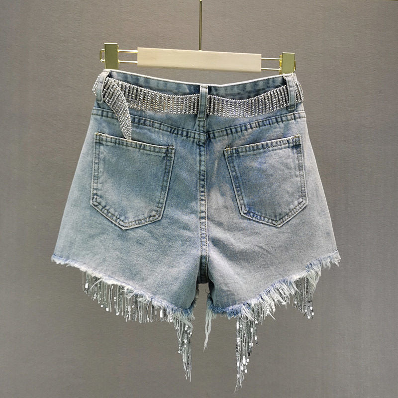 Shorts Tassel Beading High Waist Wide Leg Denim Shorts