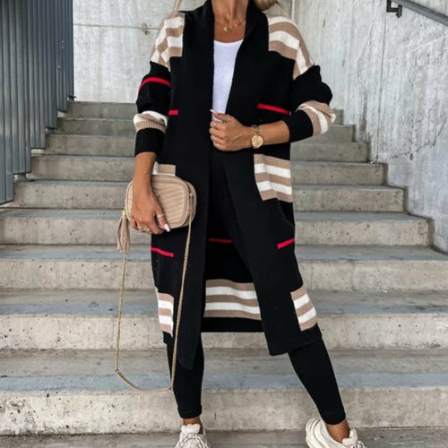 Knitted Cardigan Striped Patchwork Loose Long Outerwear