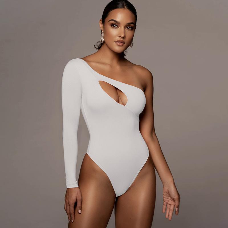 Women One-shoulder Long Sleeve Cut Out Bodysuit