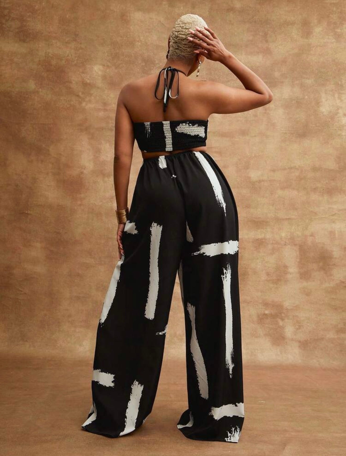 B/O Printed Wide Leg Halter Jumpsuit