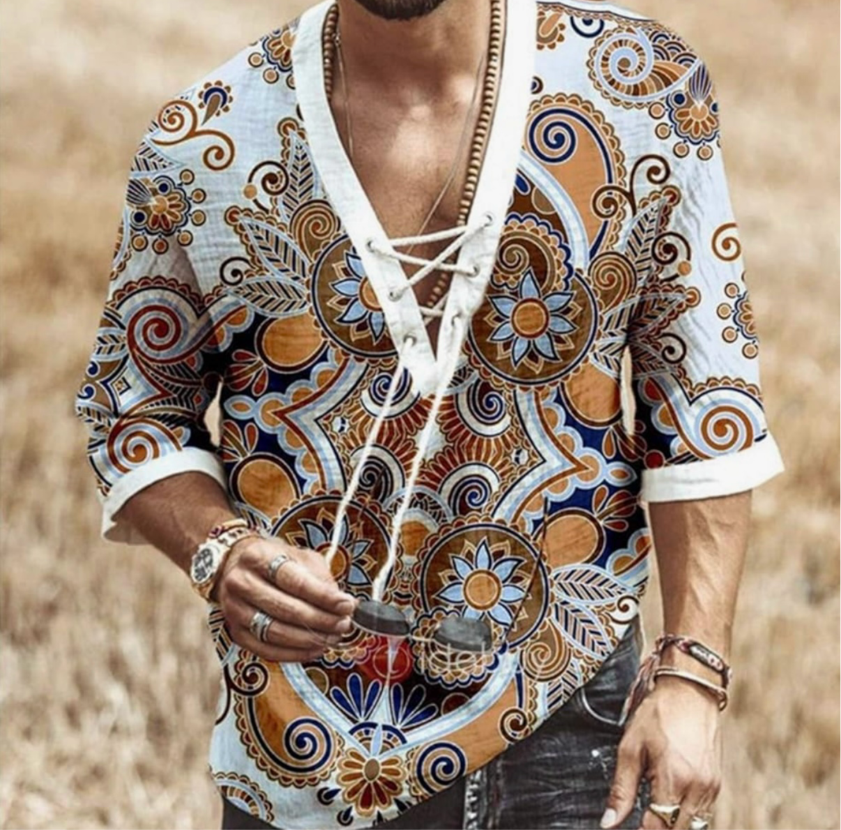 Men's Fashion Shirt Short Sleeve Beach V-Neck Drawstring Printing African Top