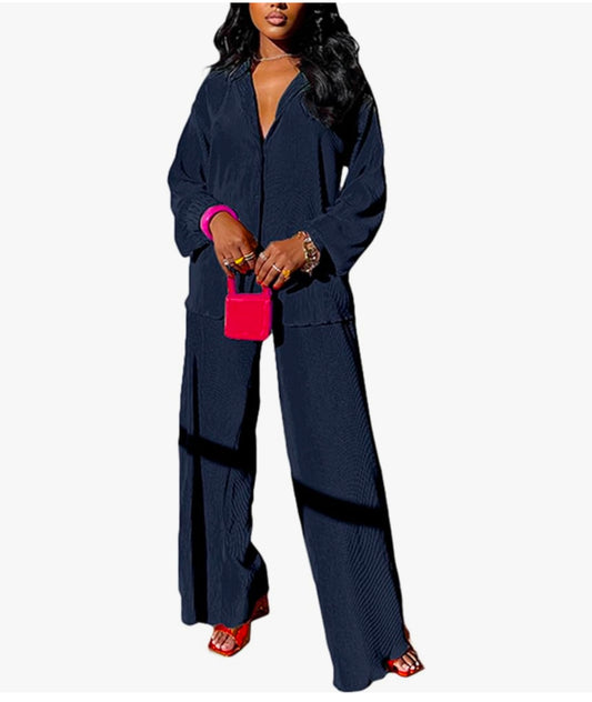 Long Sleeve Button Down Shirt + Flare Pleated Wide Leg Pants Sets