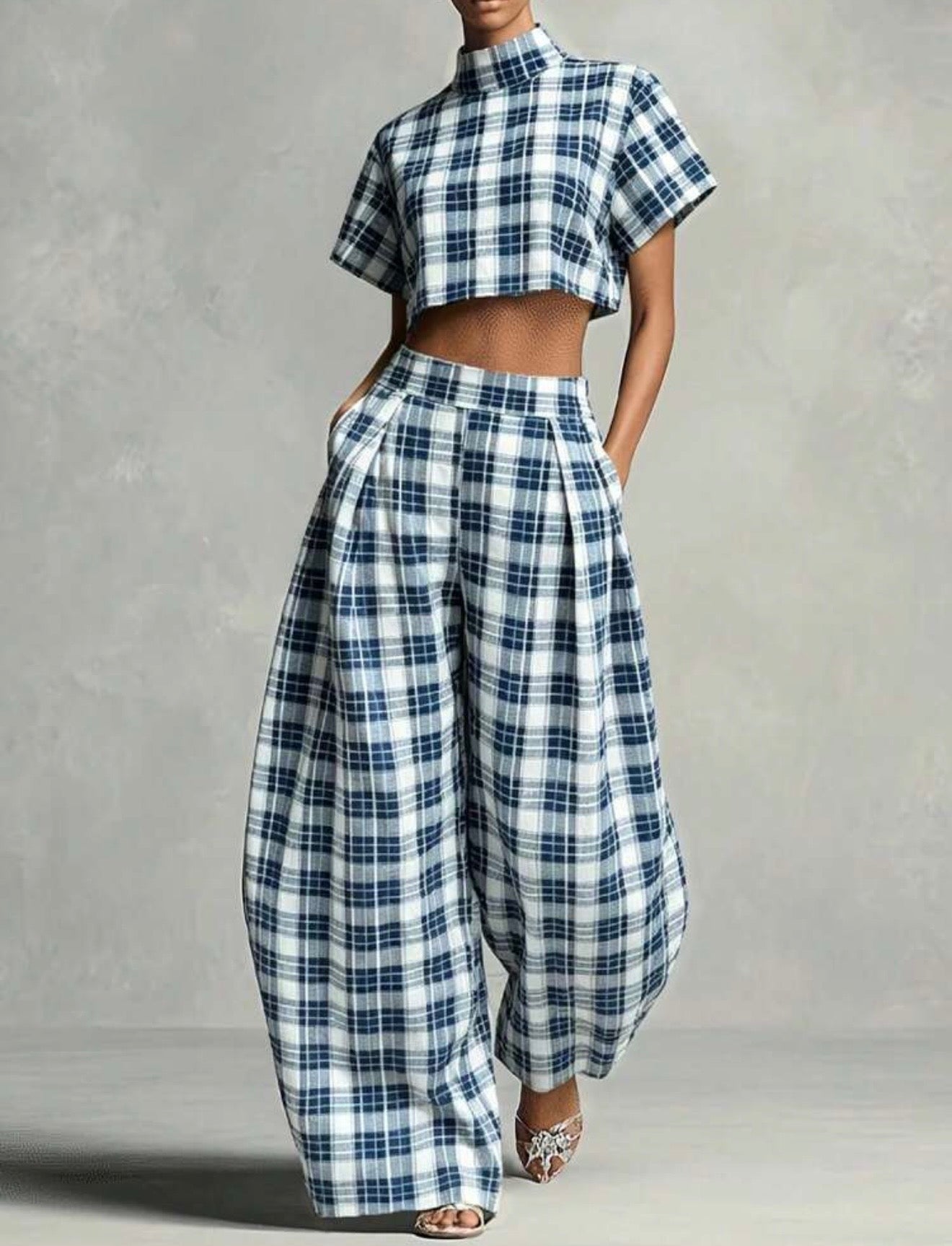 High Neck Crop Top & Wide Leg Pants Set