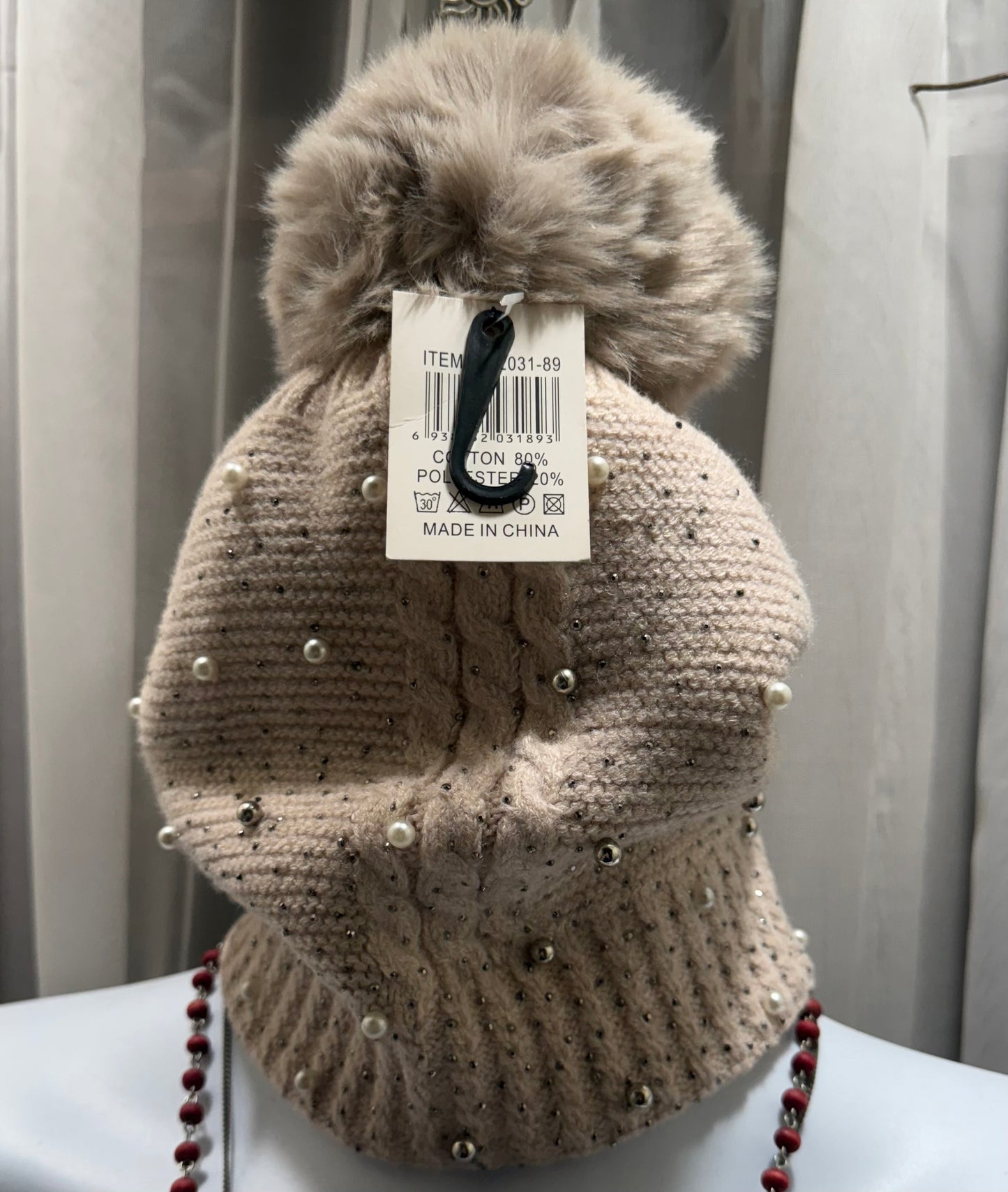 Pearl & Rhinestone Pom Pom Beanie