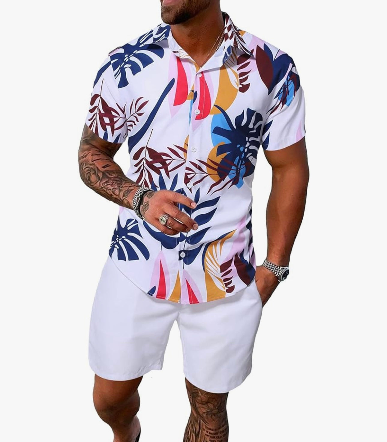Men's 2 Piece Outfits Tropical Print Short Sleeve Button Down Hawaiian Shirt and Shorts Set