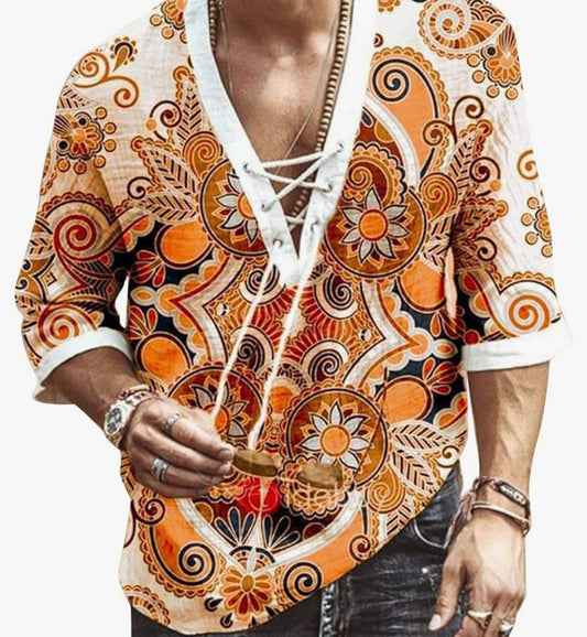 Men's Fashion Shirt Short Sleeve Beach V-Neck Drawstring Printing African Top