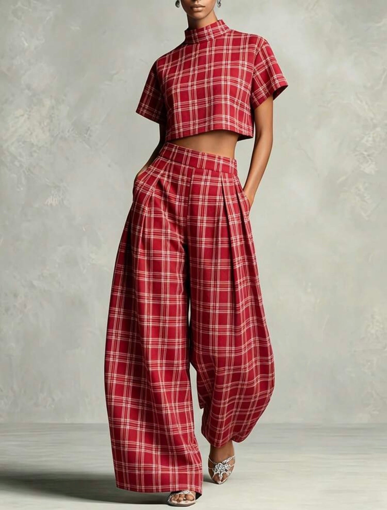 High Neck Crop Top & Wide Leg Pants Set