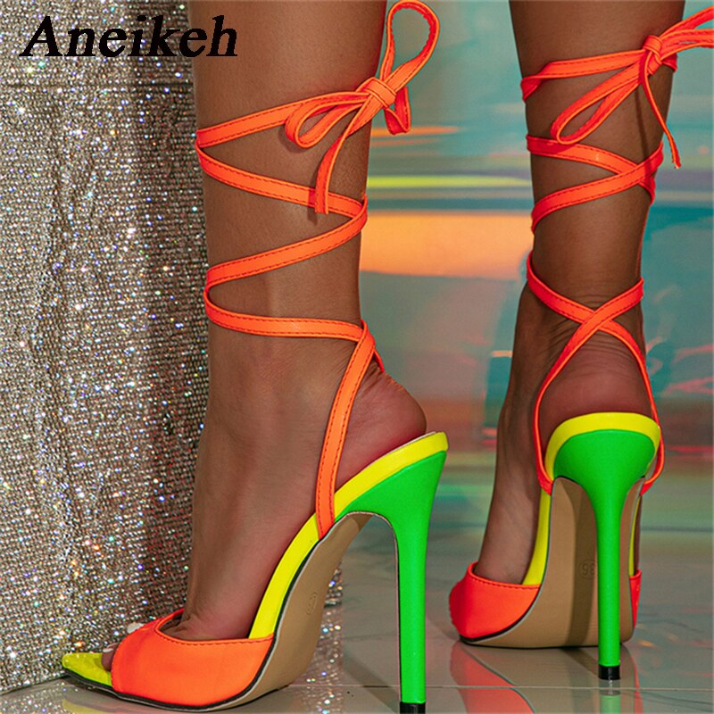 Aneikeh 2023 Fashion Sexy Narrow Band Gladiator Lace Up Sandals Summer