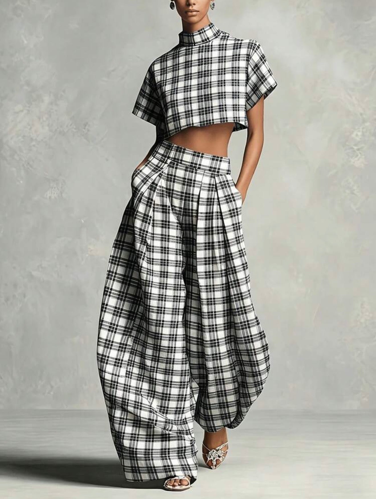High Neck Crop Top & Wide Leg Pants Set
