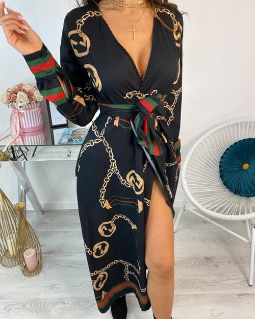 Baroque Chain Print Deep V Neck Summer Dress Women Elegant Belted Long