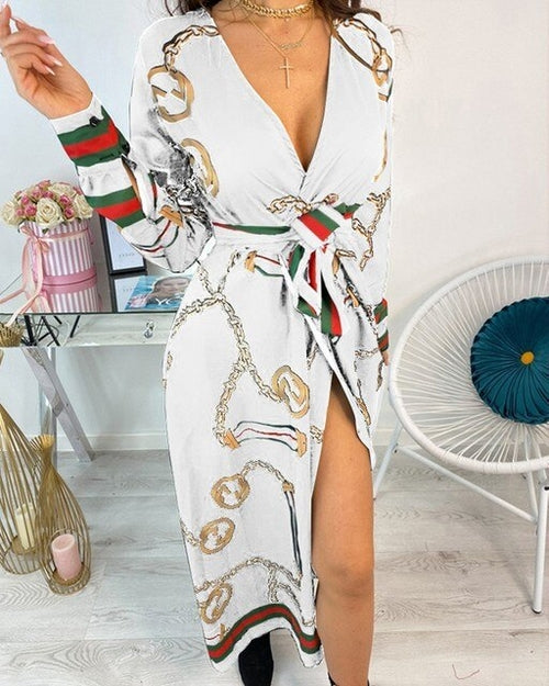 Baroque Chain Print Deep V Neck Summer Dress Women Elegant Belted Long