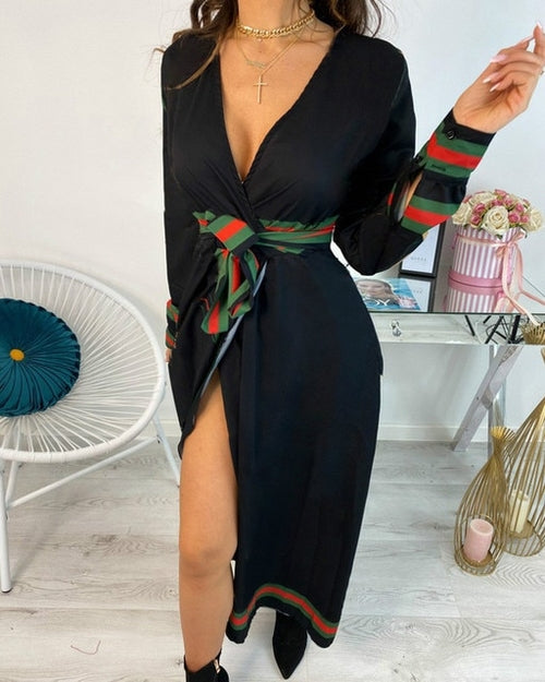 Baroque Chain Print Deep V Neck Summer Dress Women Elegant Belted Long