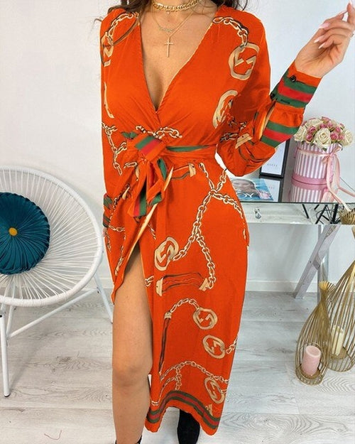 Baroque Chain Print Deep V Neck Summer Dress Women Elegant Belted Long