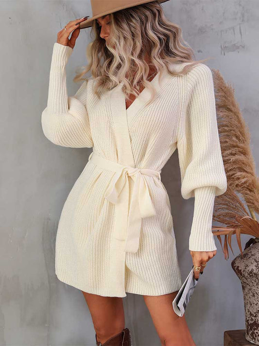 Long Sleeve Casual Elegant Mini Sweater Dress Belt Tied