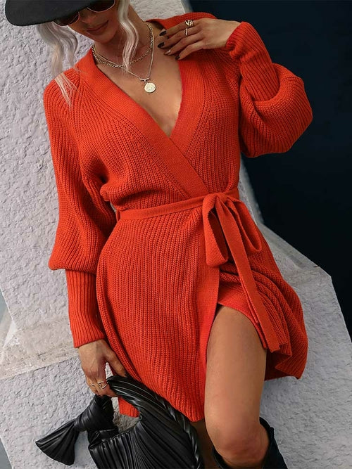 Long Sleeve Casual Elegant Mini Sweater Dress Belt Tied