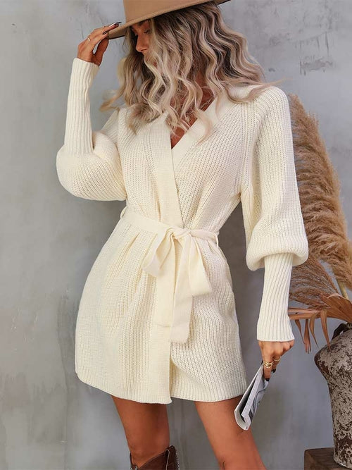 Long Sleeve Casual Elegant Mini Sweater Dress Belt Tied