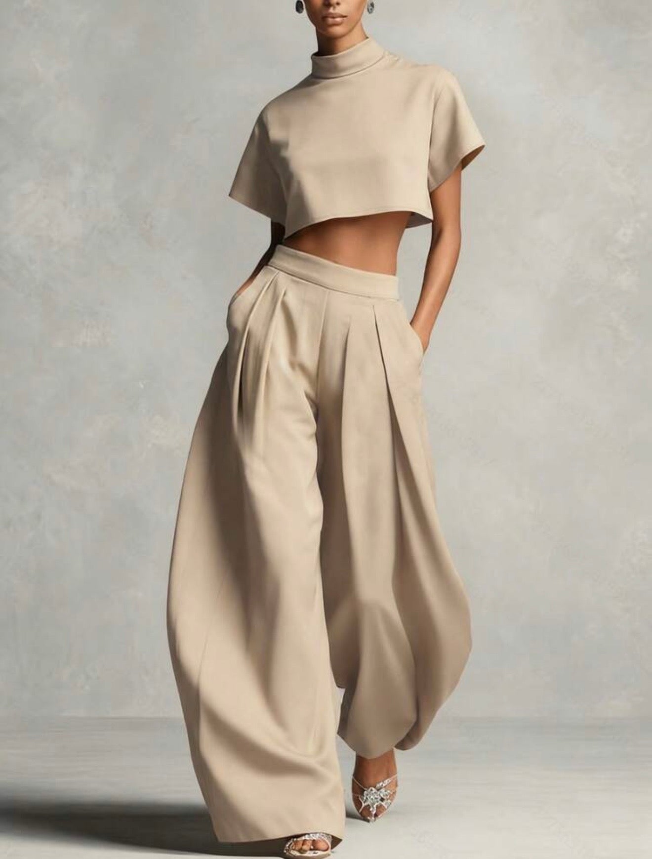 High Neck Crop Top & Wide Leg Pants Set