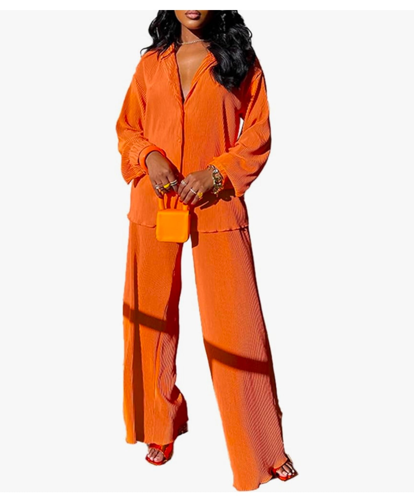 Long Sleeve Button Down Shirt + Flare Pleated Wide Leg Pants Sets