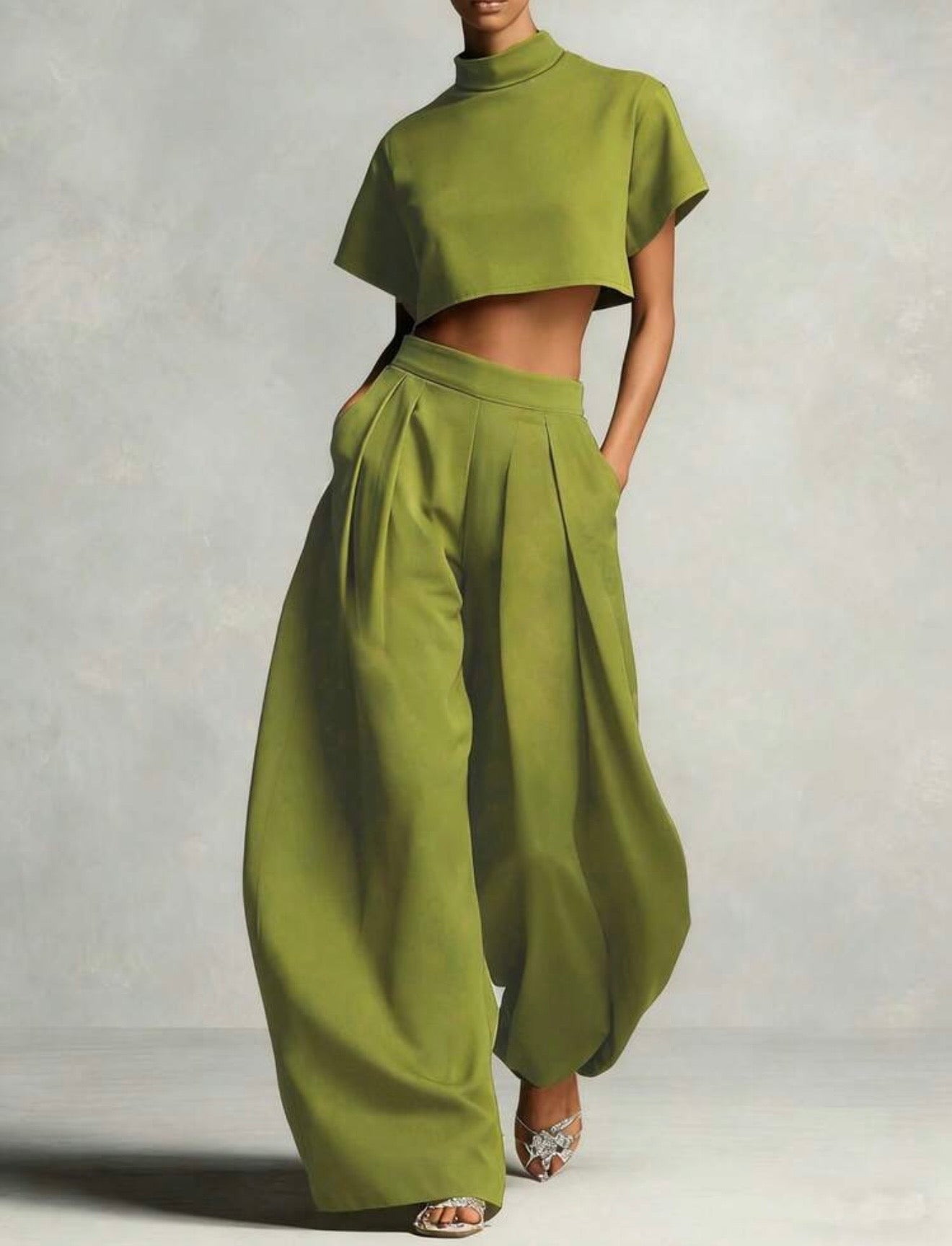High Neck Crop Top & Wide Leg Pants Set