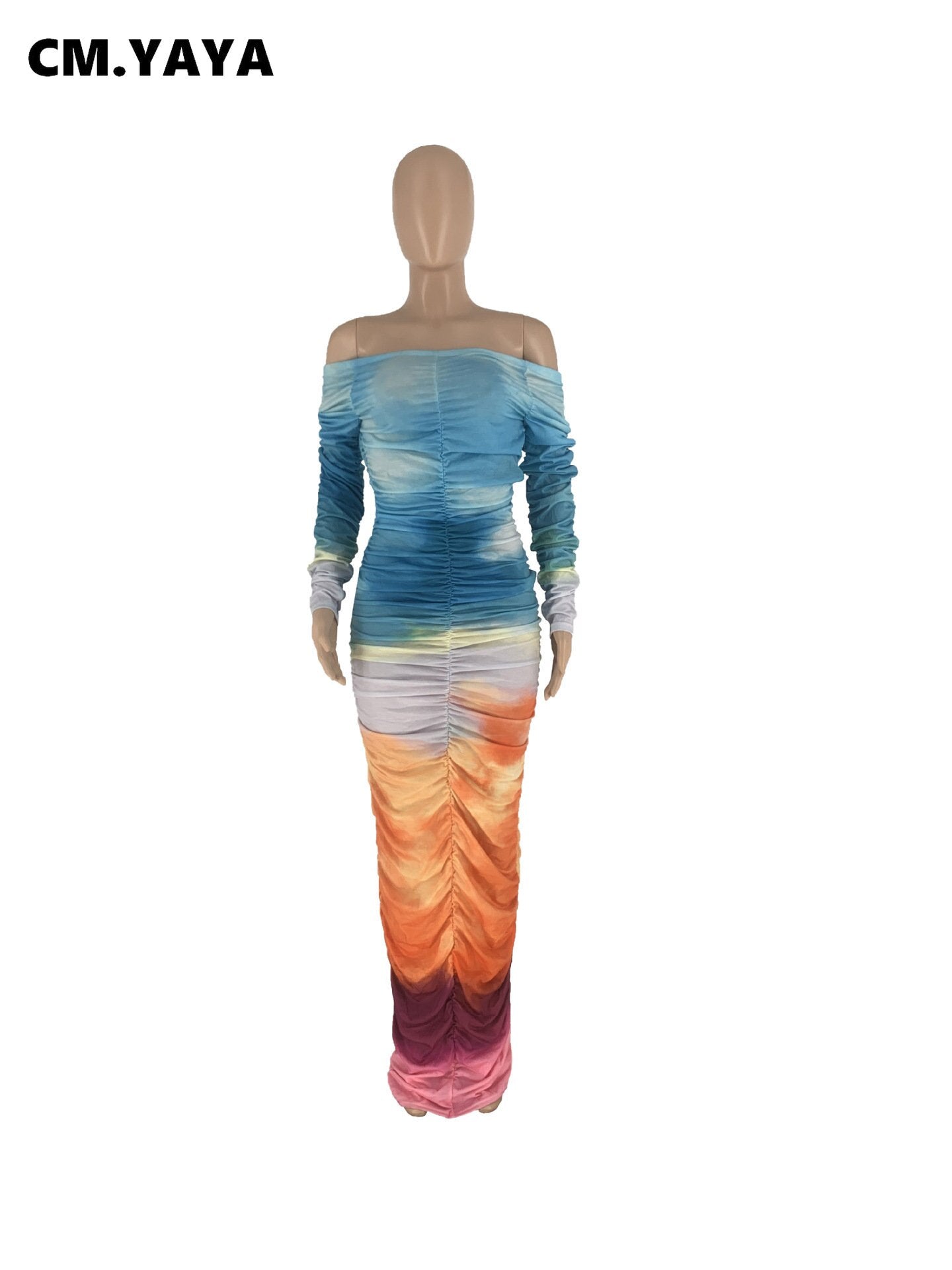 CM.YAYA Women Gradient Tie Dye Printed Off Shoulder Long Sleeve Maxi