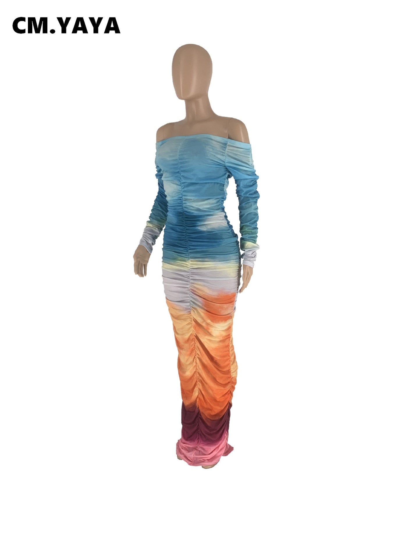 CM.YAYA Women Gradient Tie Dye Printed Off Shoulder Long Sleeve Maxi