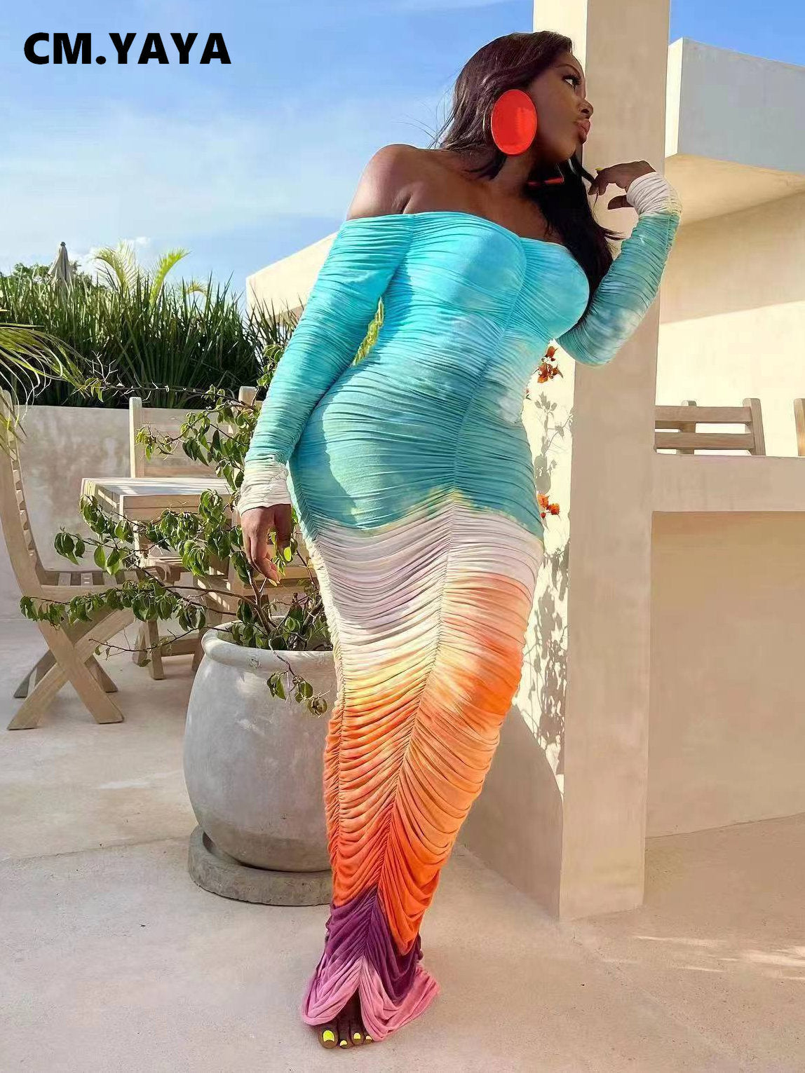 CM.YAYA Women Gradient Tie Dye Printed Off Shoulder Long Sleeve Maxi