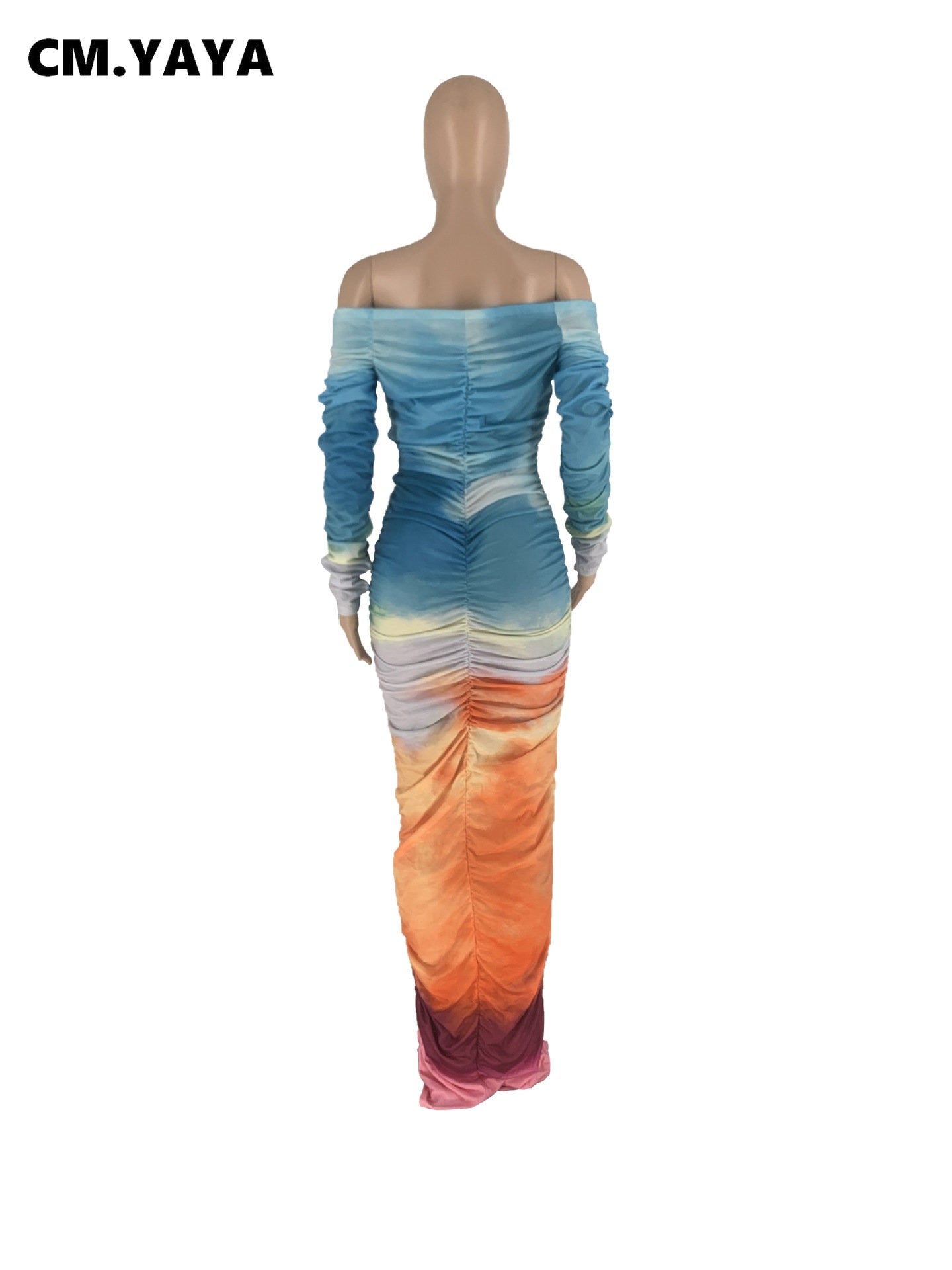 CM.YAYA Women Gradient Tie Dye Printed Off Shoulder Long Sleeve Maxi