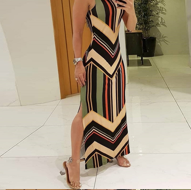 Long Striped Dress Slit | Colorful Striped Maxi Dress | Vertical
