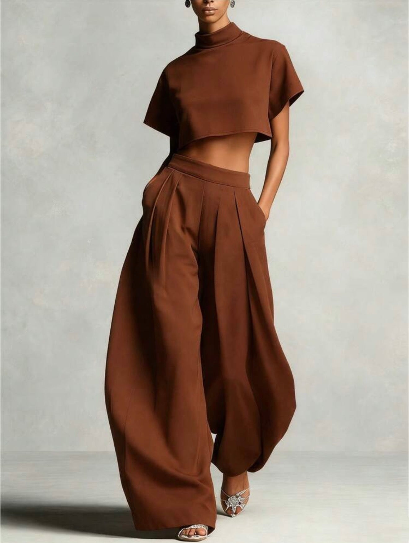 High Neck Crop Top & Wide Leg Pants Set