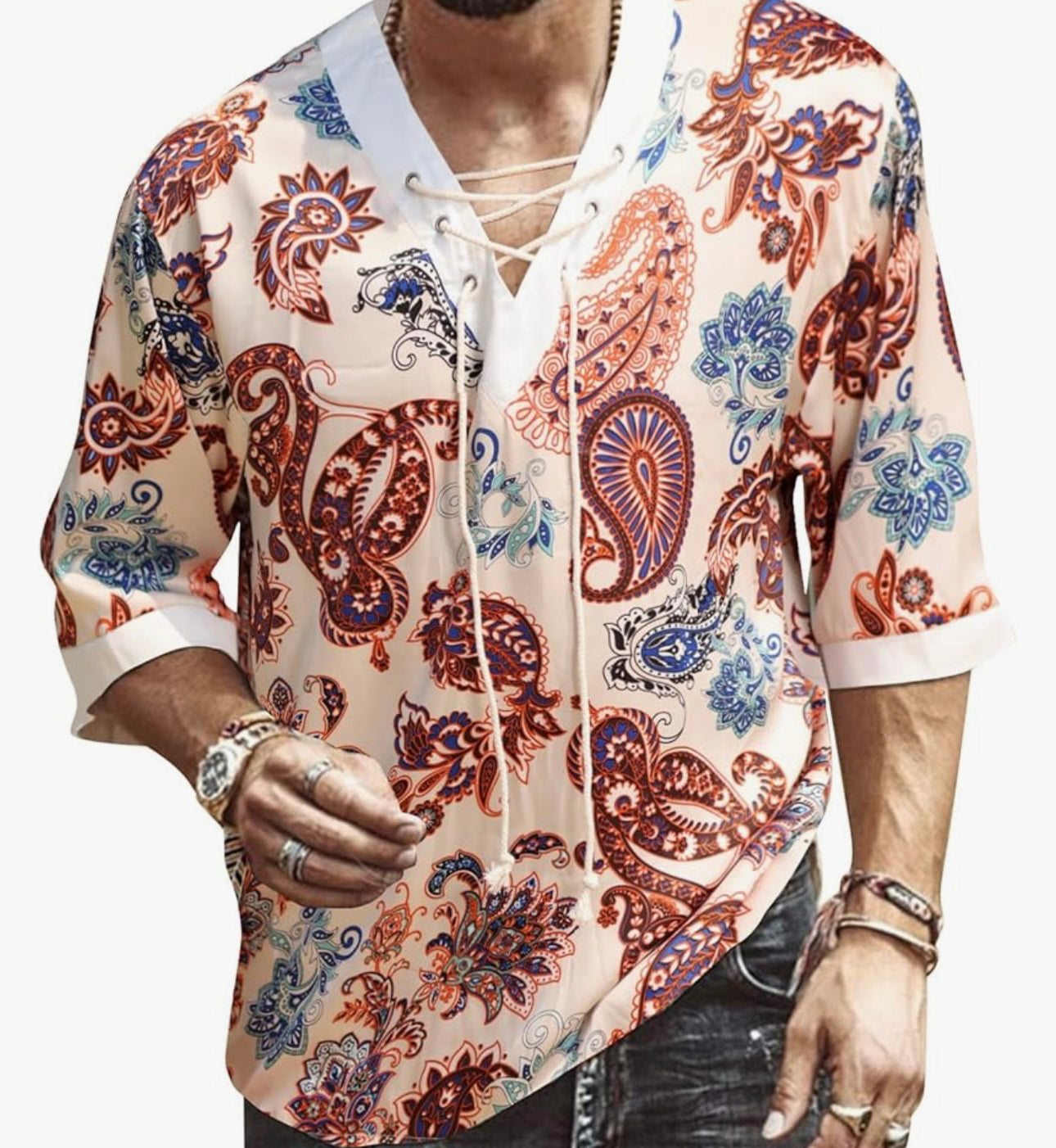 Men's Fashion Shirt Short Sleeve Beach V-Neck Drawstring Printing African Top