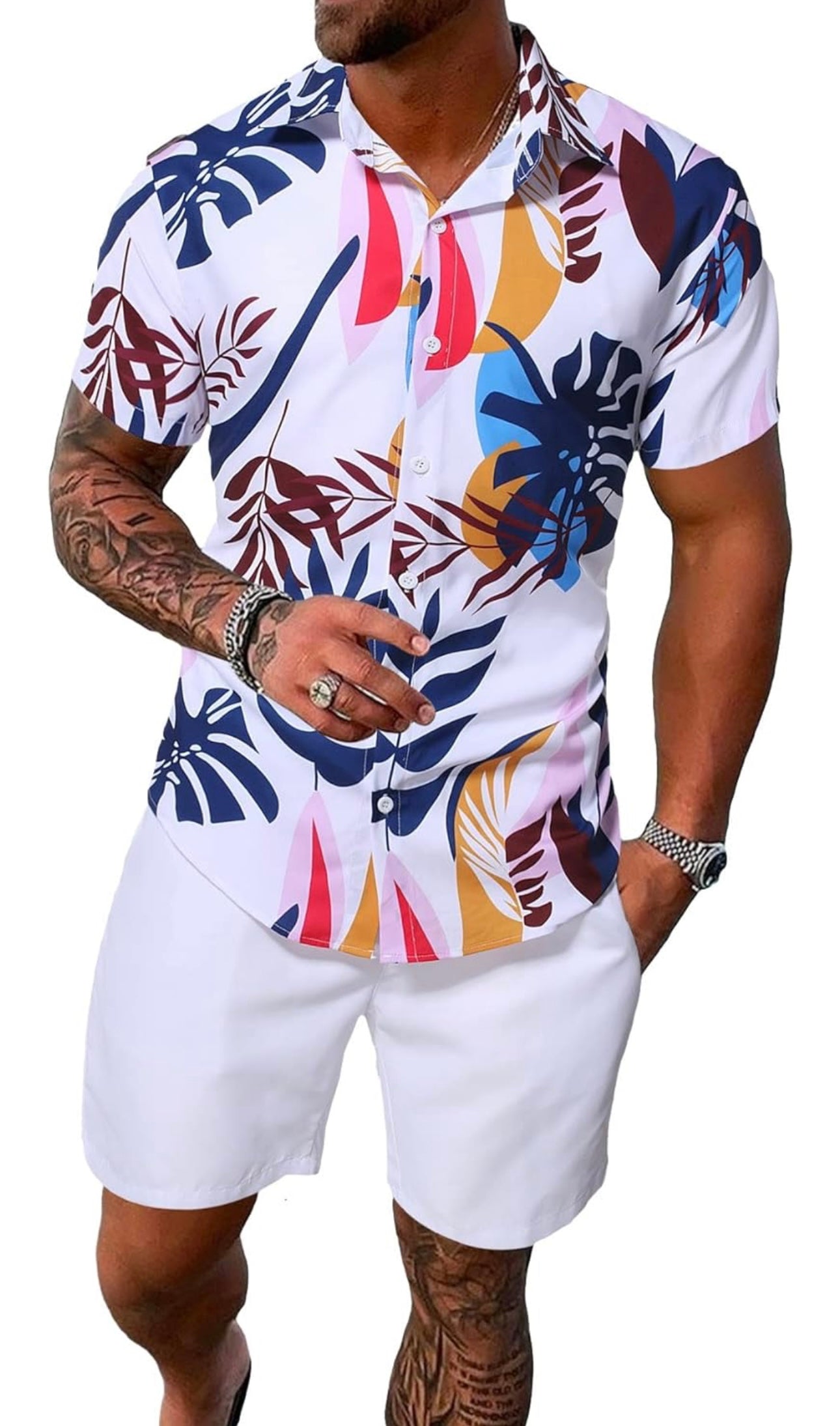Men's 2 Piece Outfits Tropical Print Short Sleeve Button Down Hawaiian Shirt and Shorts Set