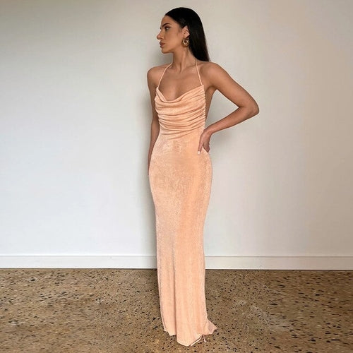 Elegant Sexy Backless Ruched Maxi Dress For Women Club Outfits 2023