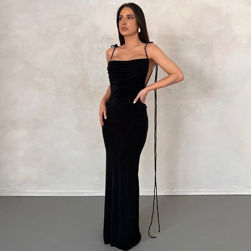 Elegant Sexy Backless Ruched Maxi Dress For Women Club Outfits 2023