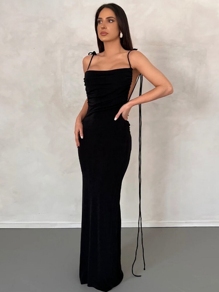 Elegant Sexy Backless Ruched Maxi Dress For Women Club Outfits 2023