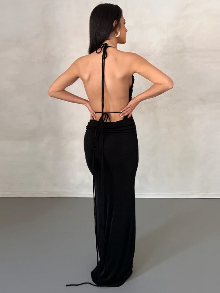 Elegant Sexy Backless Ruched Maxi Dress For Women Club Outfits 2023