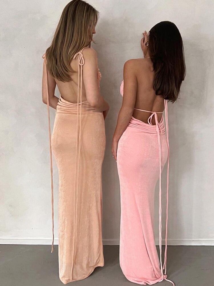 Elegant Sexy Backless Ruched Maxi Dress For Women Club Outfits 2023