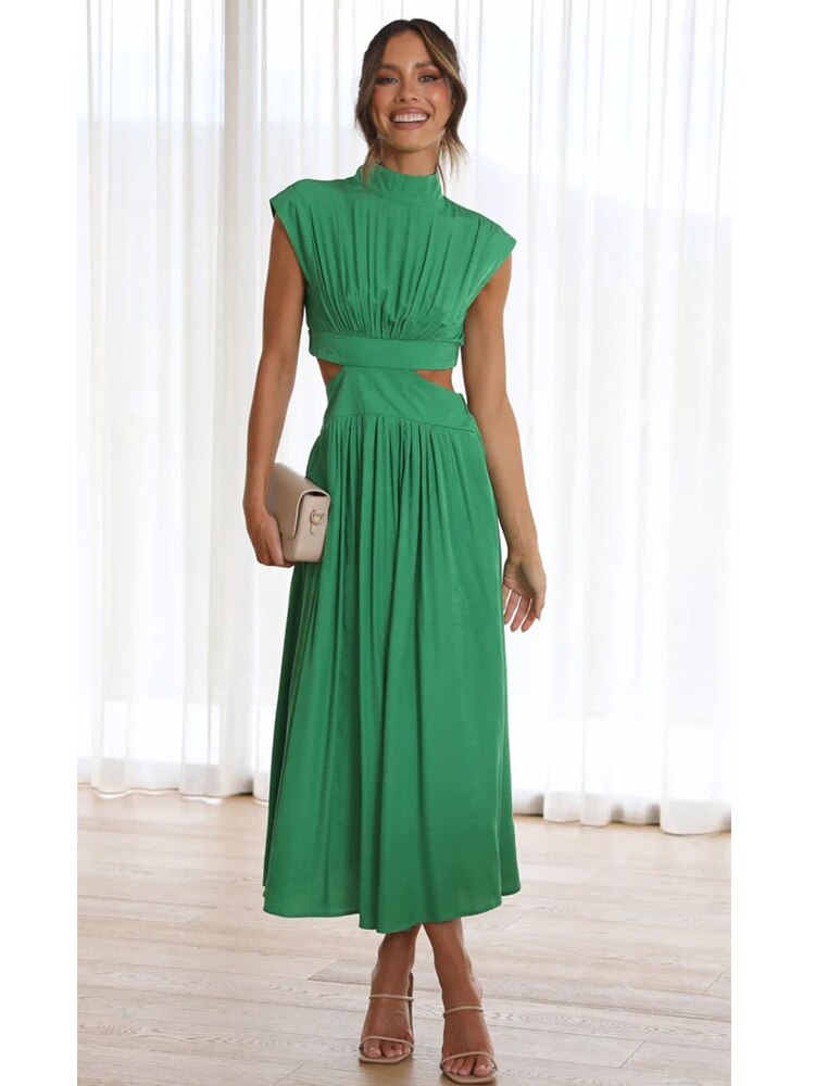 Stand Collar Waist Cut Out Midi Dress