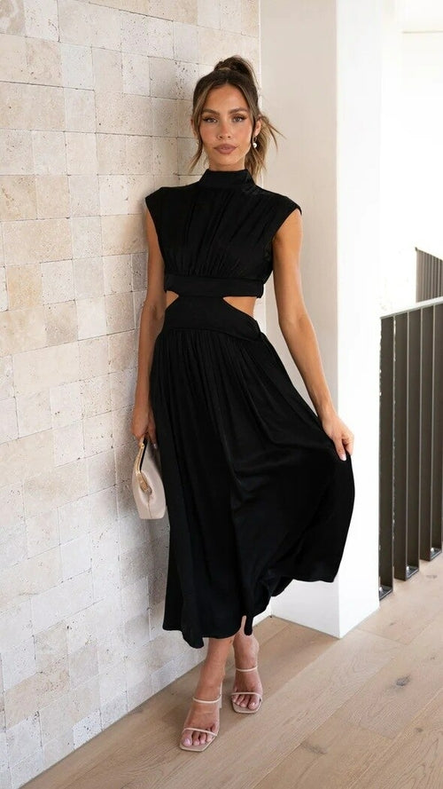 Stand Collar Waist Cut Out Midi Dress