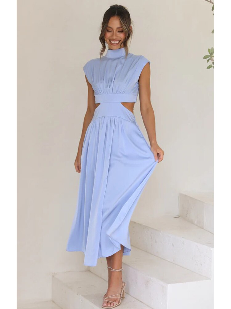 Stand Collar Waist Cut Out Midi Dress