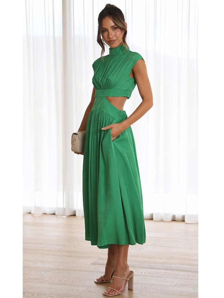 Stand Collar Waist Cut Out Midi Dress