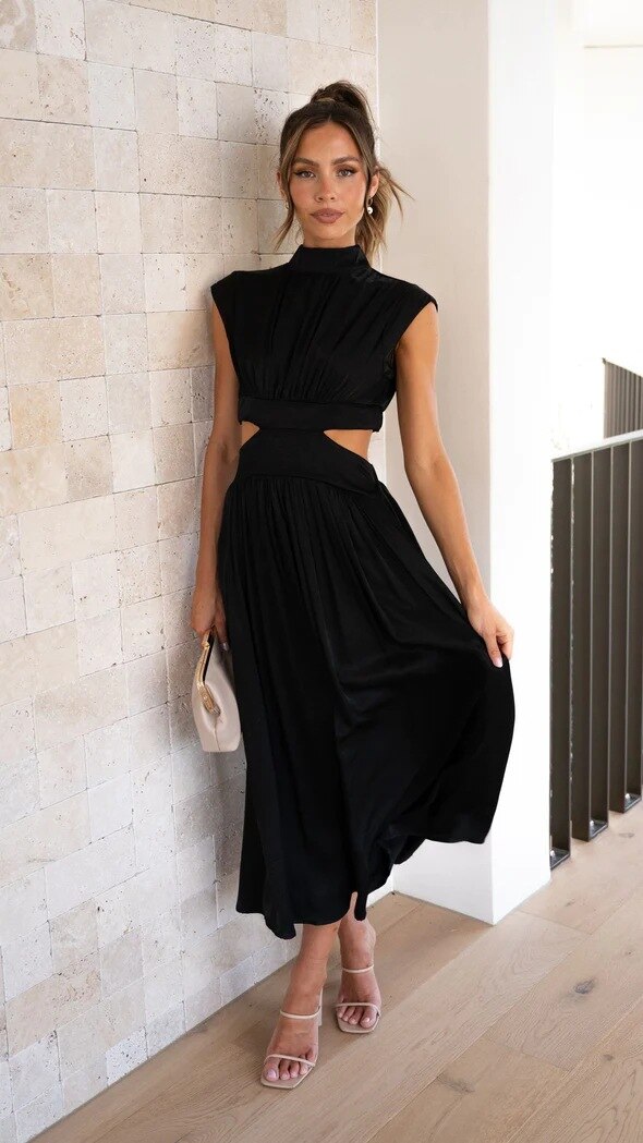 Stand Collar Waist Cut Out Midi Dress