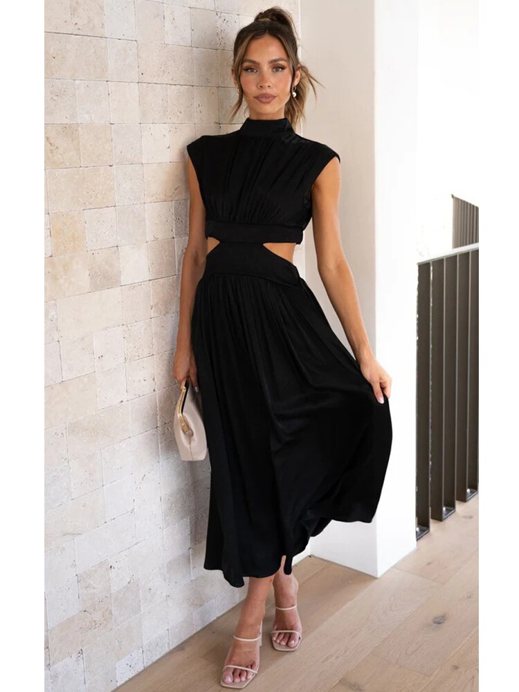 Stand Collar Waist Cut Out Midi Dress